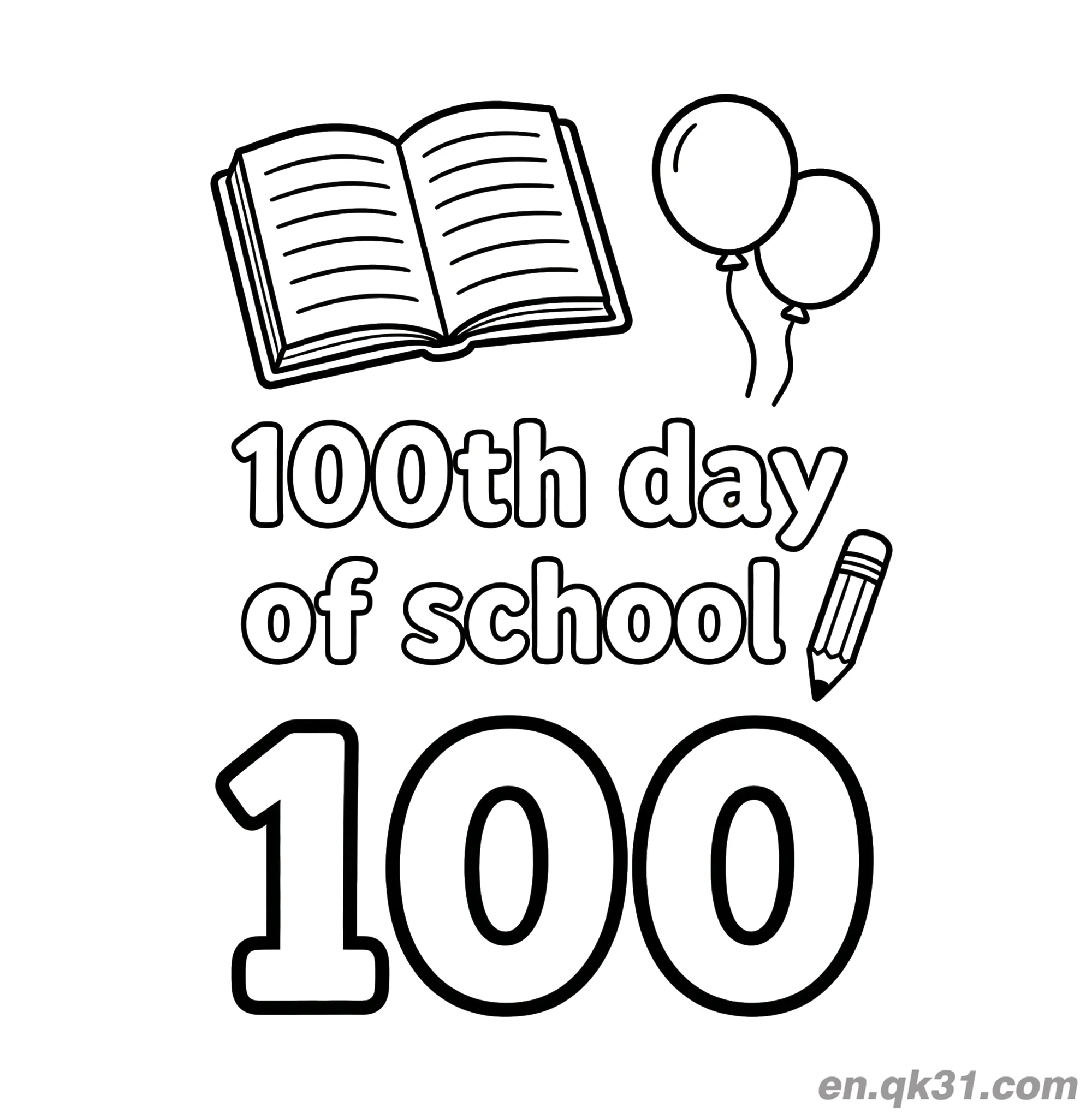 免费 气球与醒目100数字的开学第100天涂色页 100 简笔画涂色页