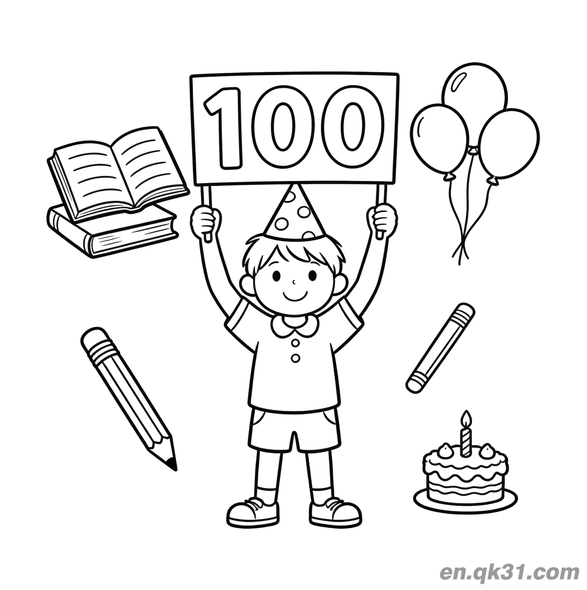 男孩举着100牌与派对元素的开学第100天涂色页简笔画涂色画 – 为儿童和成人提供的免费可打印简笔画涂色画