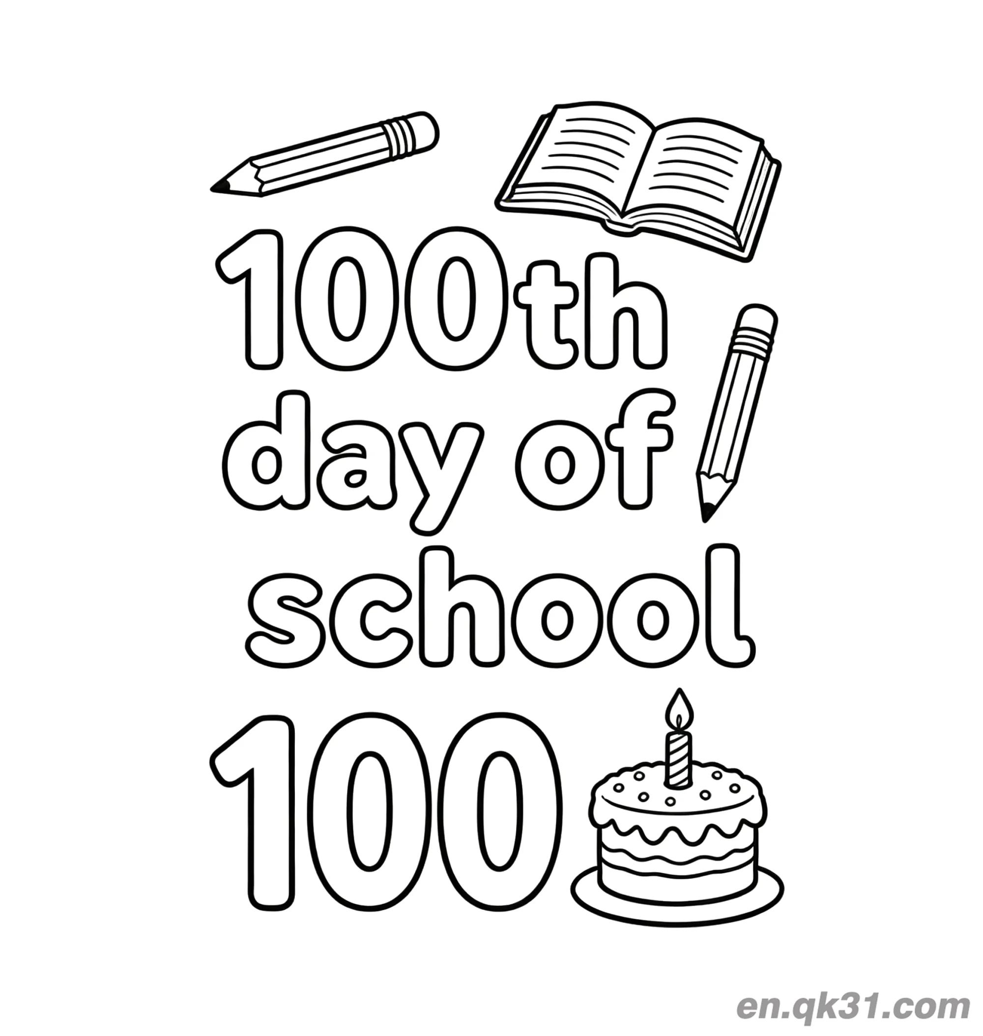 免费 蛋糕与两支铅笔的开学第100天涂色页 简笔画涂色页