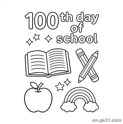 交叉铅笔彩虹与苹果的开学第100天涂色页 – 免费可打印简笔画涂色画