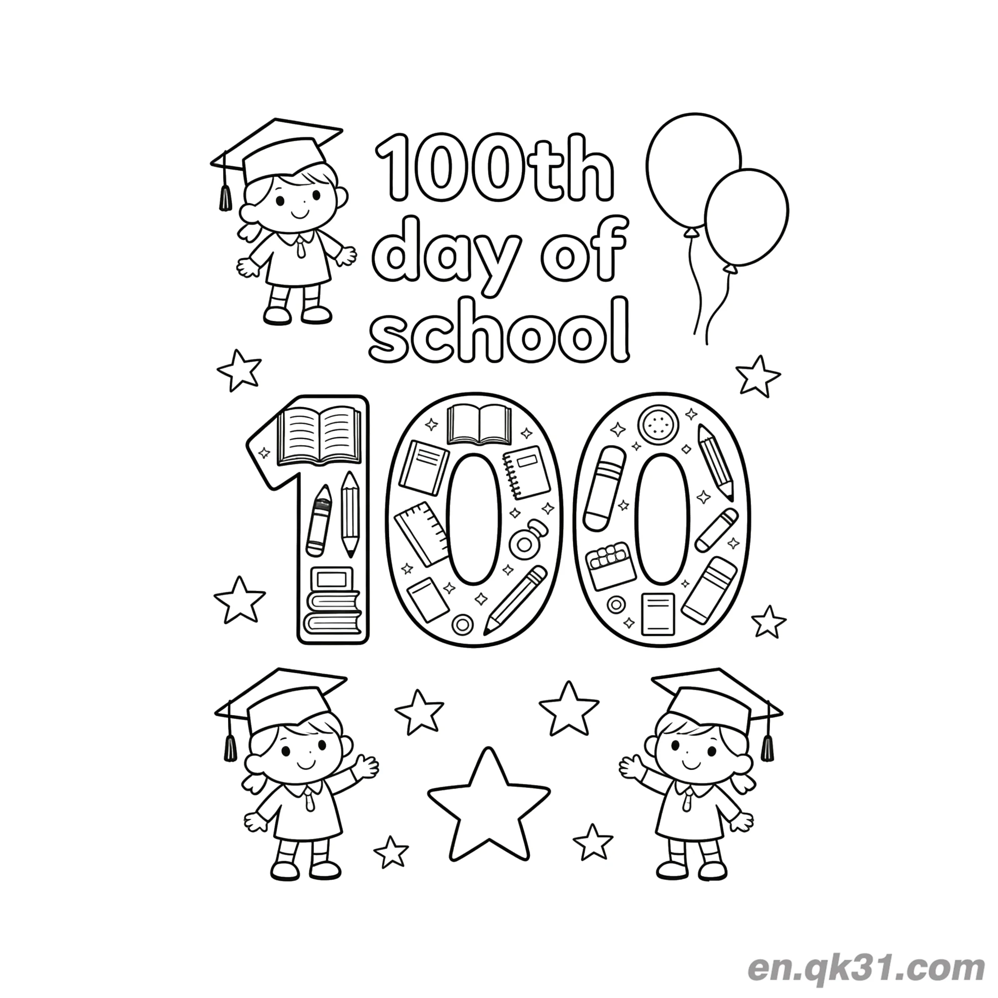 免费 装饰100与毕业生的开学第100天涂色页 简笔画涂色页