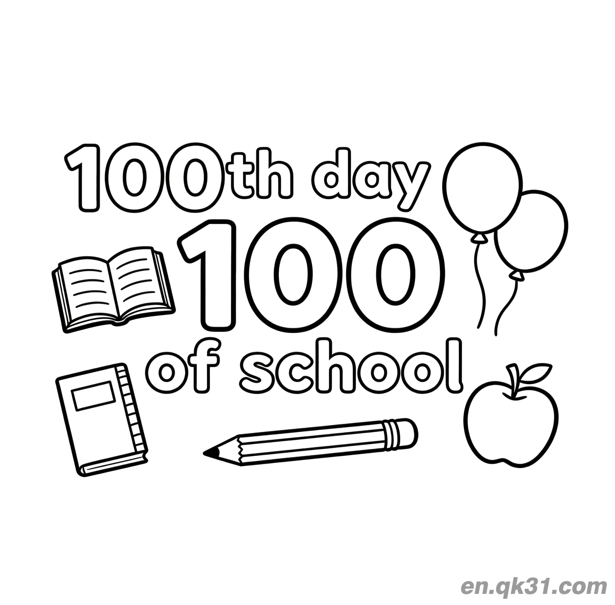 免费 双100文字文具与气球的开学第100天涂色页 简笔画涂色页