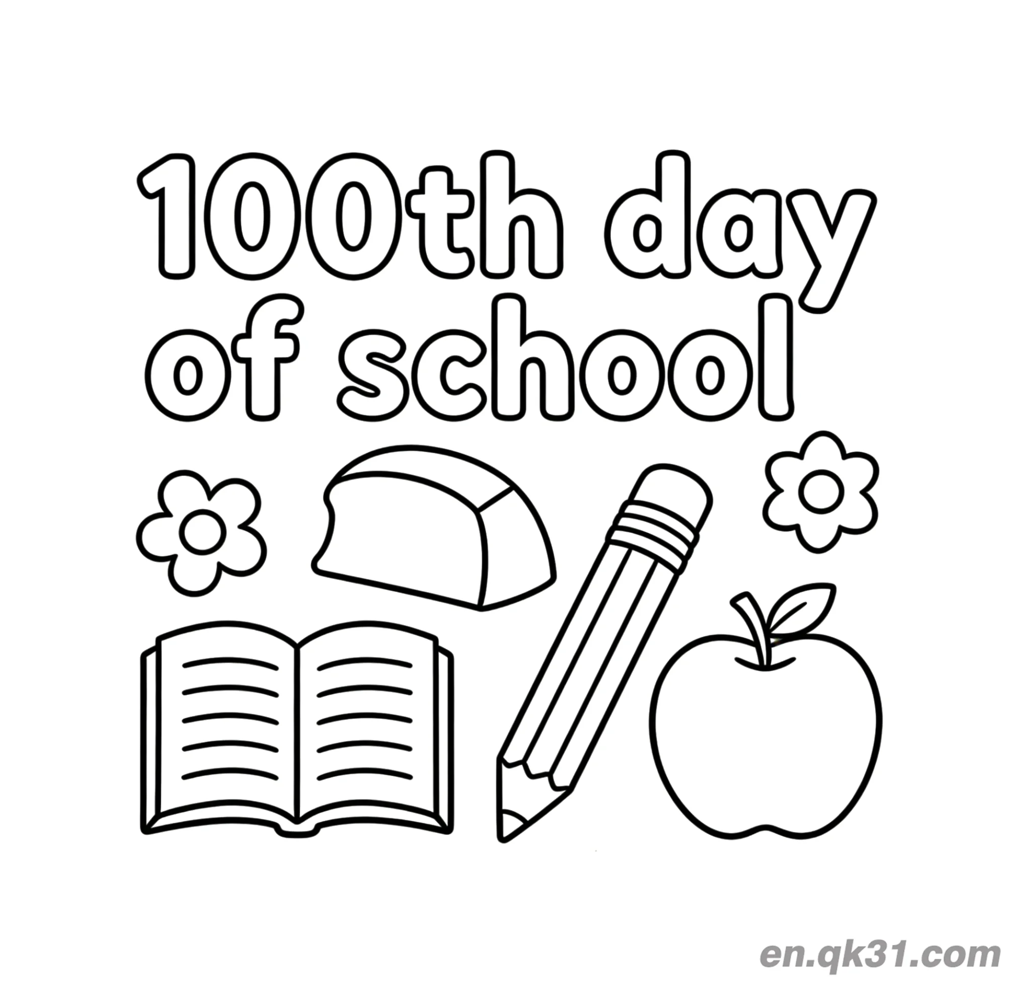 免费 橡皮与花朵的开学第100天涂色页 简笔画涂色页