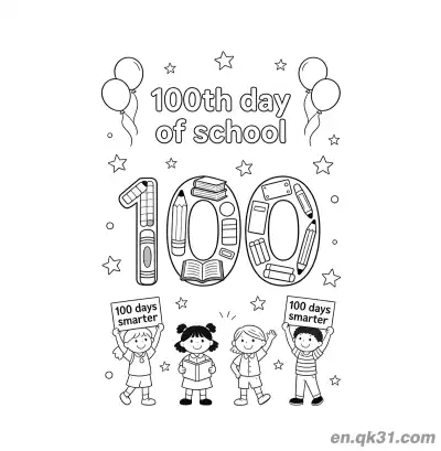 四个孩子举牌与装饰100的开学第100天涂色页 100 – 免费可打印简笔画涂色画