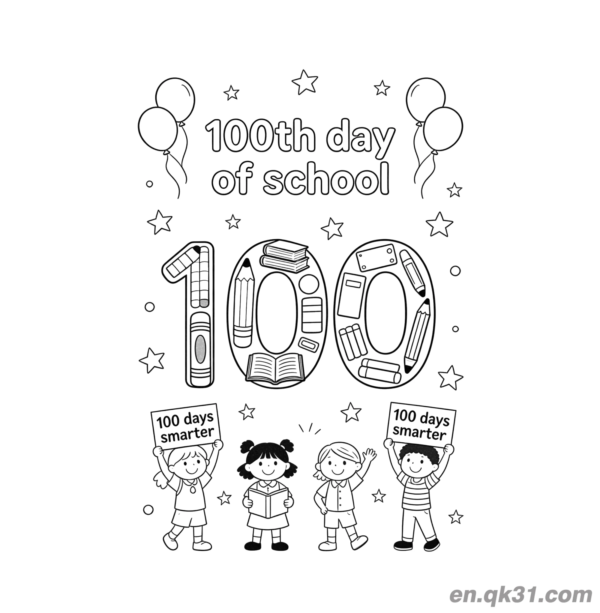 四个孩子举牌与装饰100的开学第100天涂色页 100简笔画涂色画 – 为儿童和成人提供的免费可打印简笔画涂色画