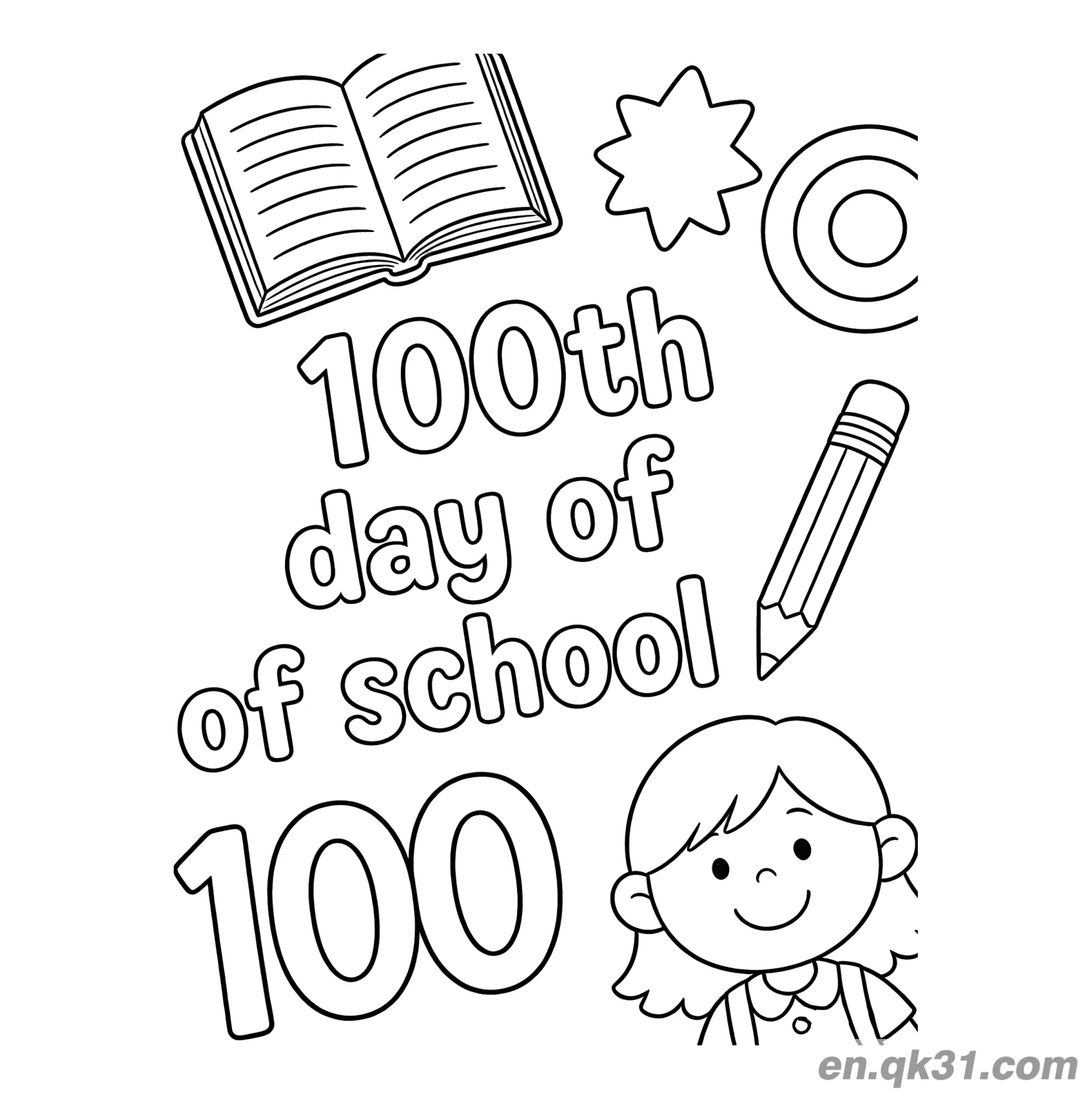 免费 女孩与翻开书本的开学第100天涂色页 简笔画涂色页