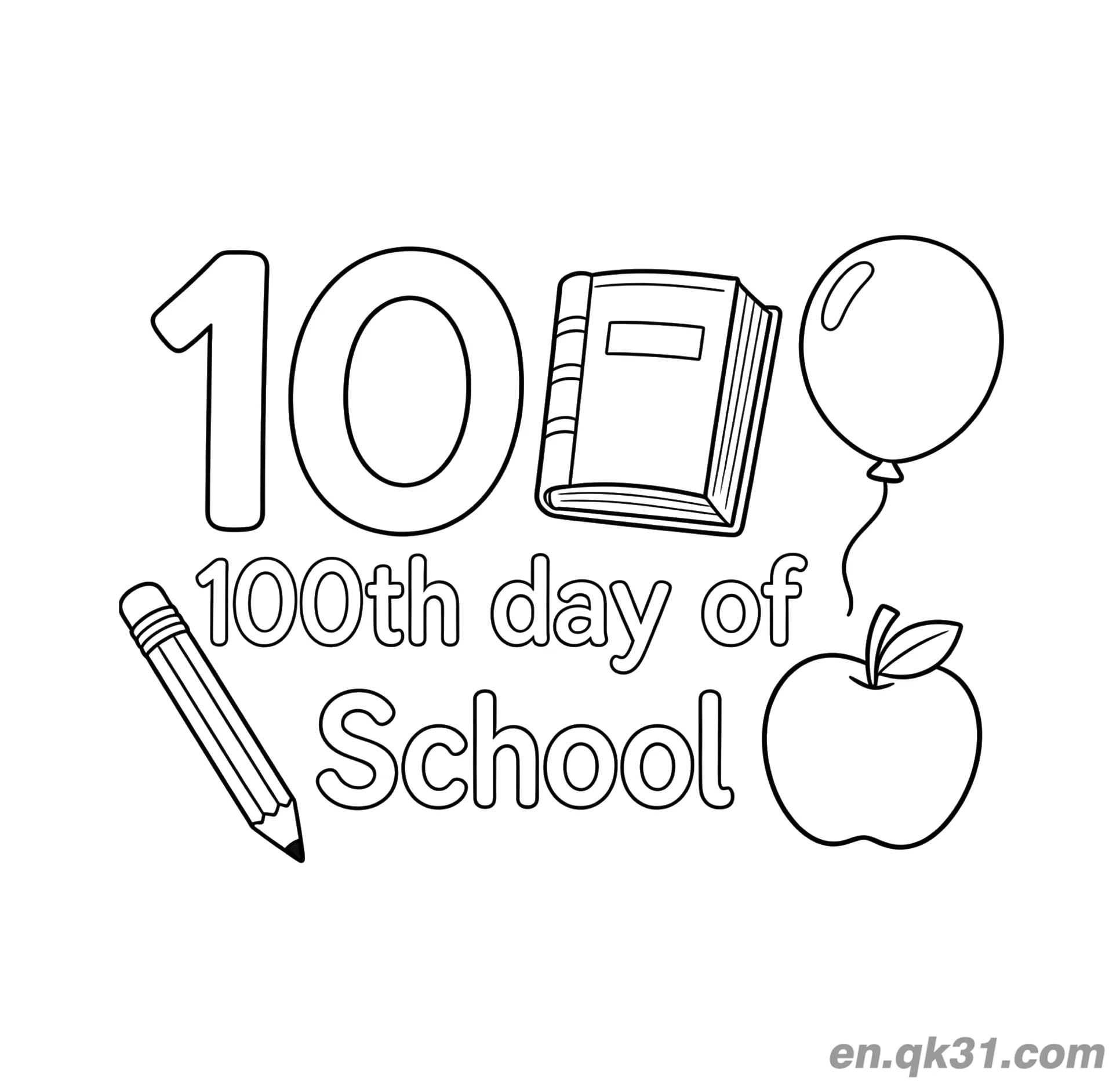 免费 半个10气球与苹果的开学第100天涂色页 简笔画涂色页