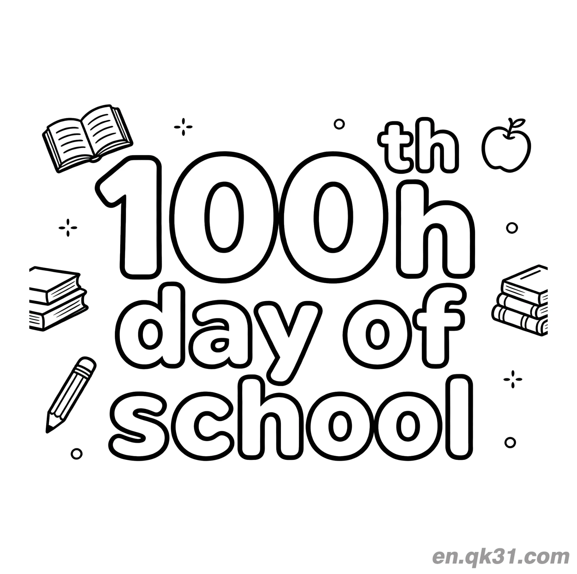 免费 巨大100与苹果书本的开学第100天涂色页 简笔画涂色页