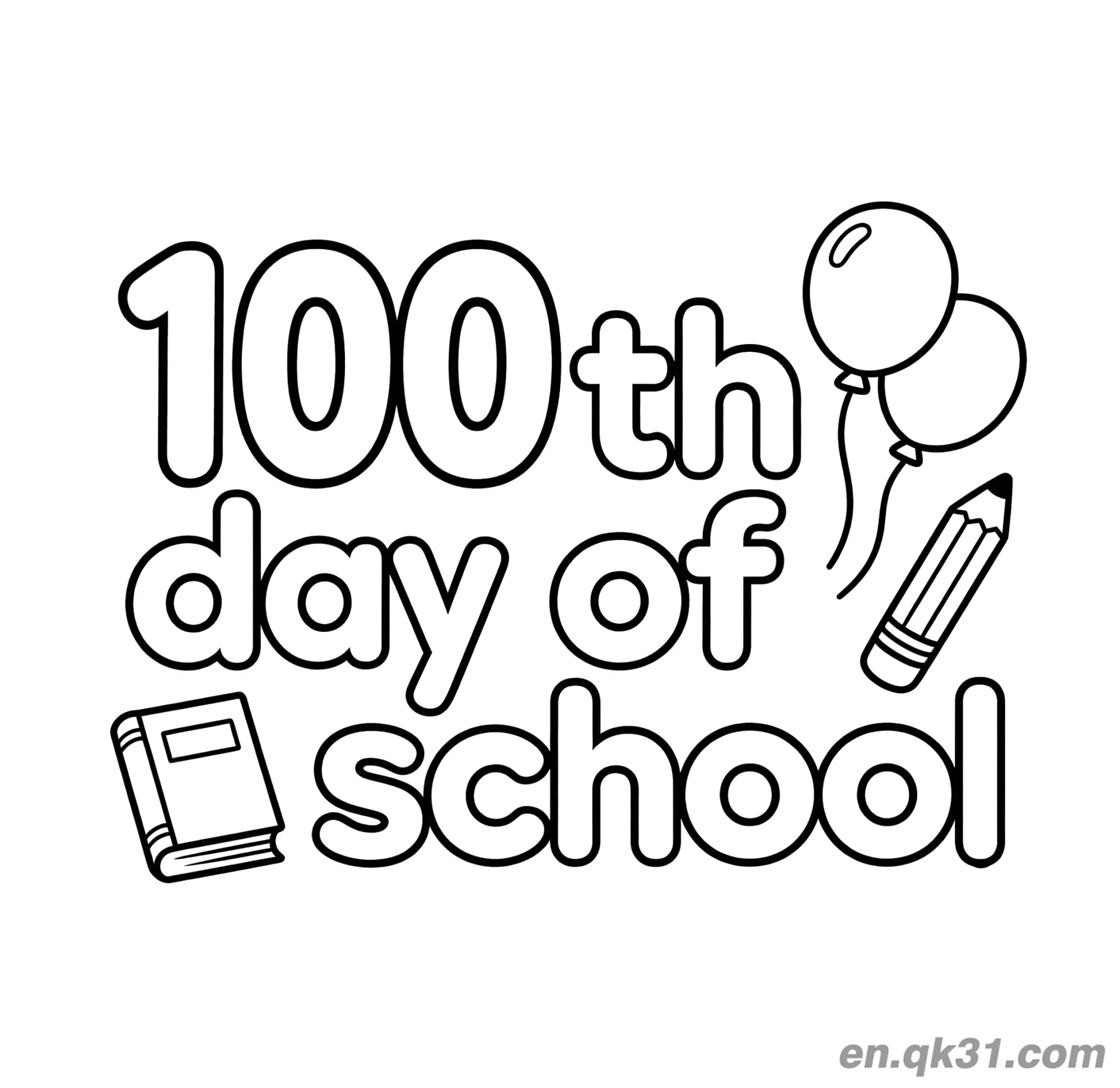 免费 巨大100文字气球与铅笔的开学第100天涂色页 简笔画涂色页