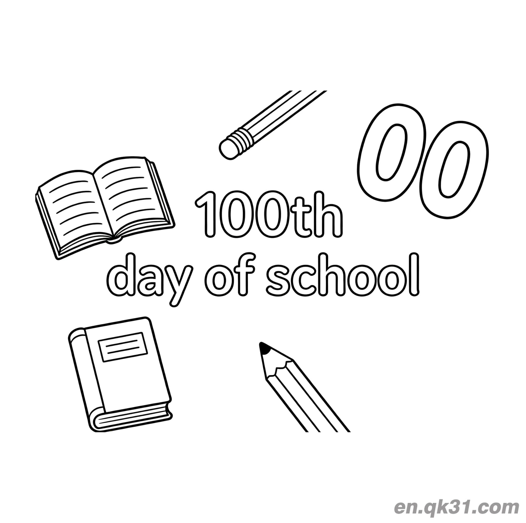 免费 散落元素与00数字的开学第100天涂色页 00 简笔画涂色页