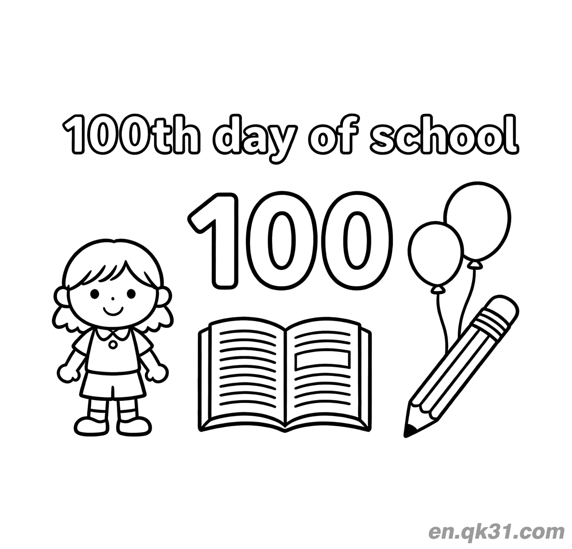 免费 单个女孩与气球的开学第100天涂色页 简笔画涂色页