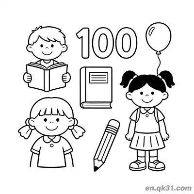 三个孩子与气球的开学第100天涂色页 – 免费可打印简笔画涂色画
