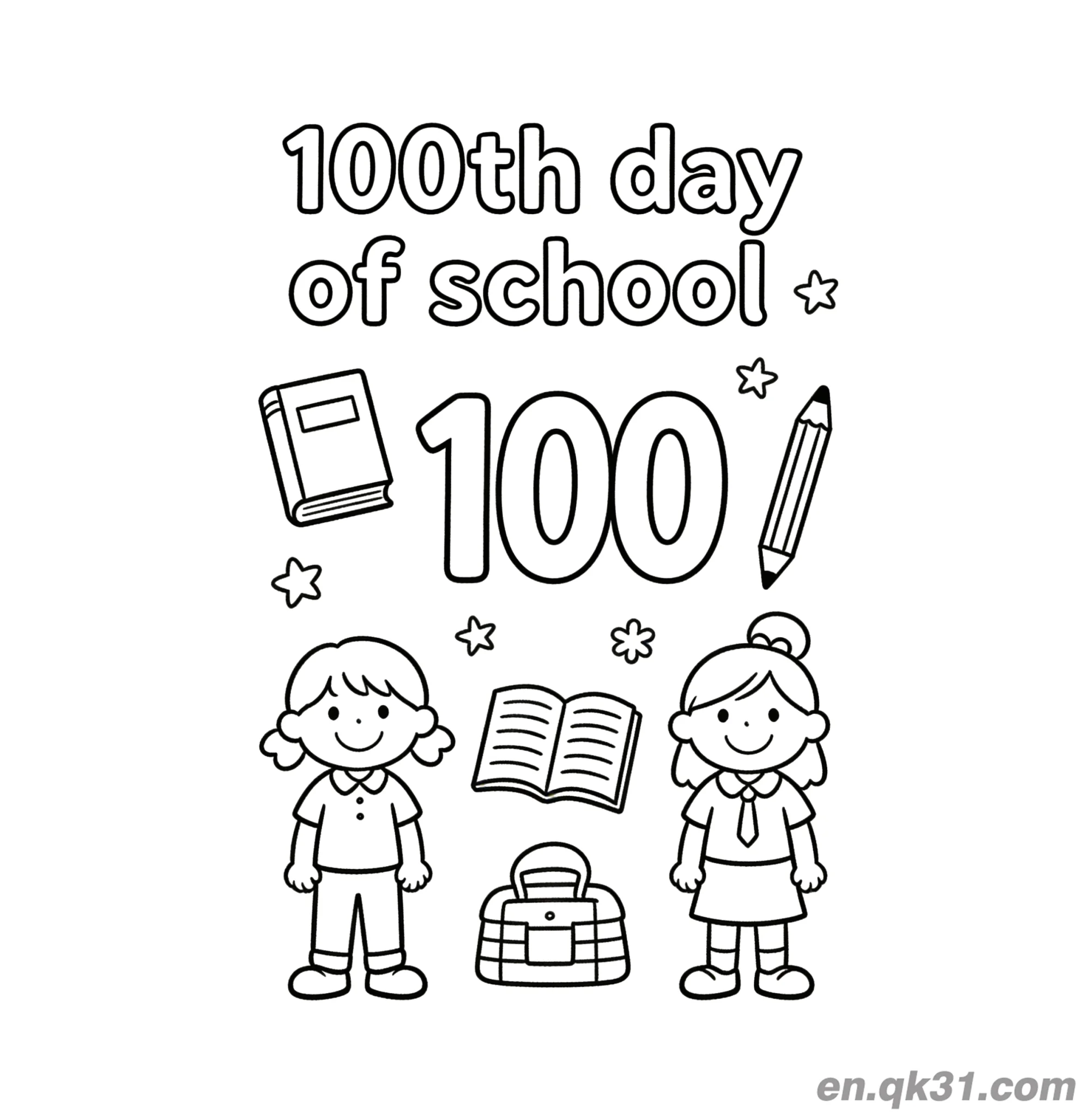 免费 两个孩子与书包的开学第100天涂色页 简笔画涂色页