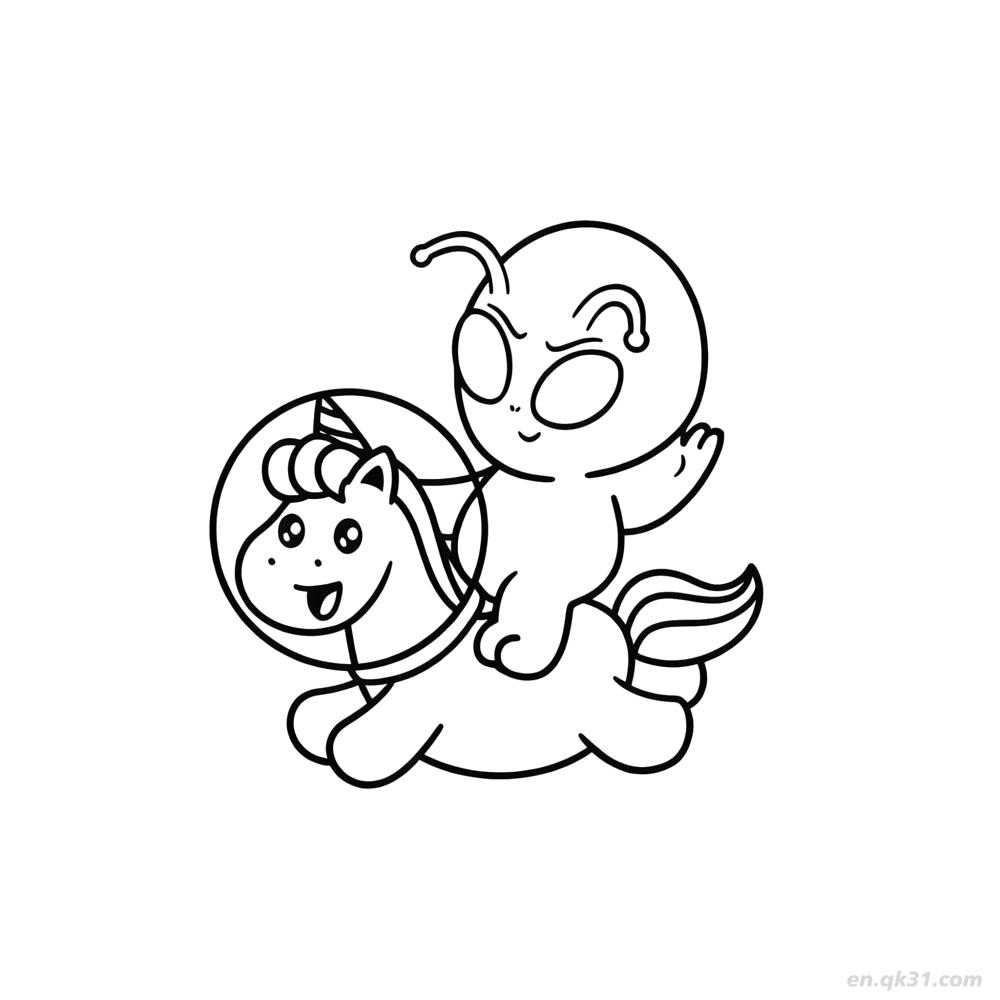 免费 外星人骑太空独角兽涂色页 简笔画涂色页