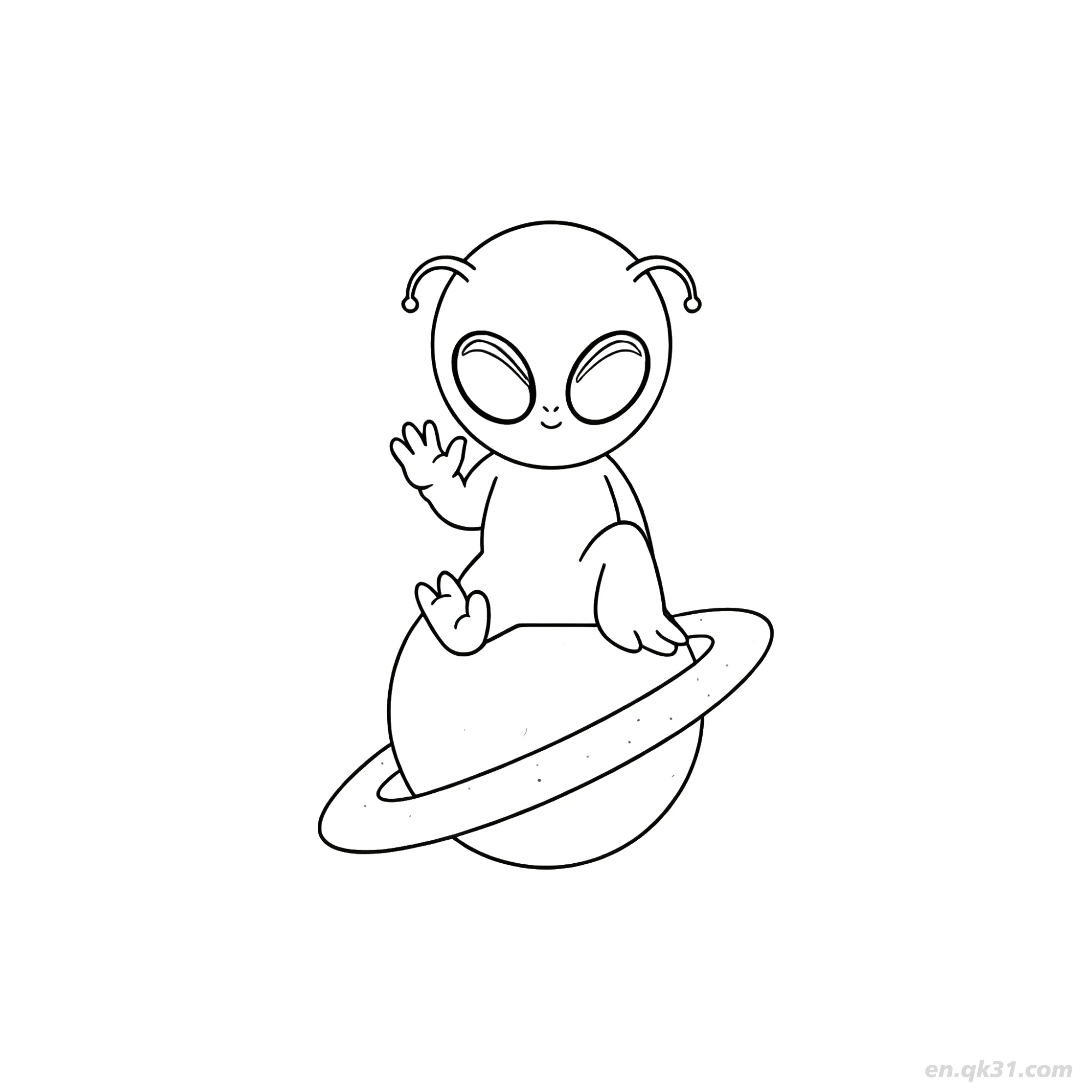 免费 外星人坐在环状行星上涂色页 简笔画涂色页