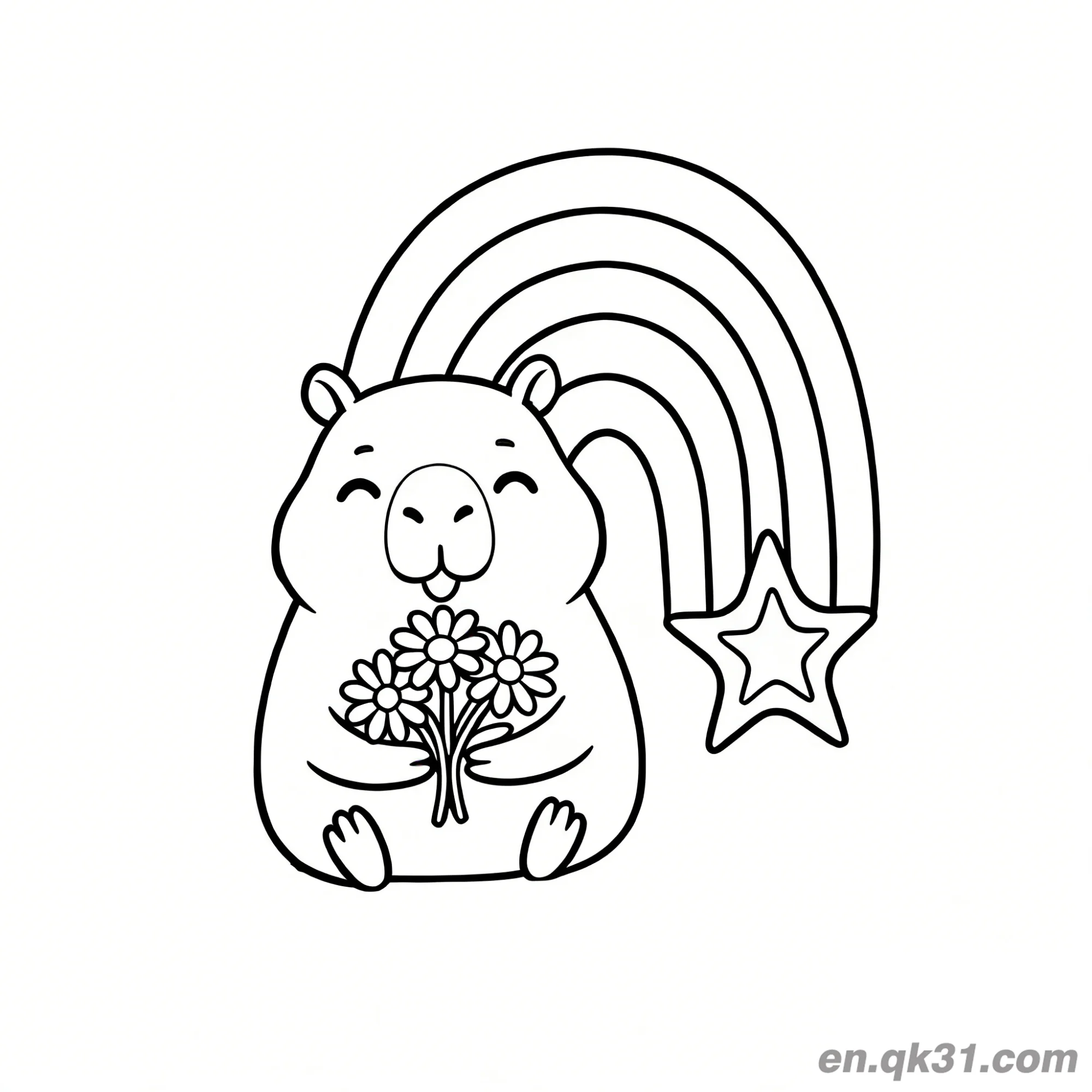 免费 卡比巴拉在彩虹下拿花束涂色页 简笔画涂色页