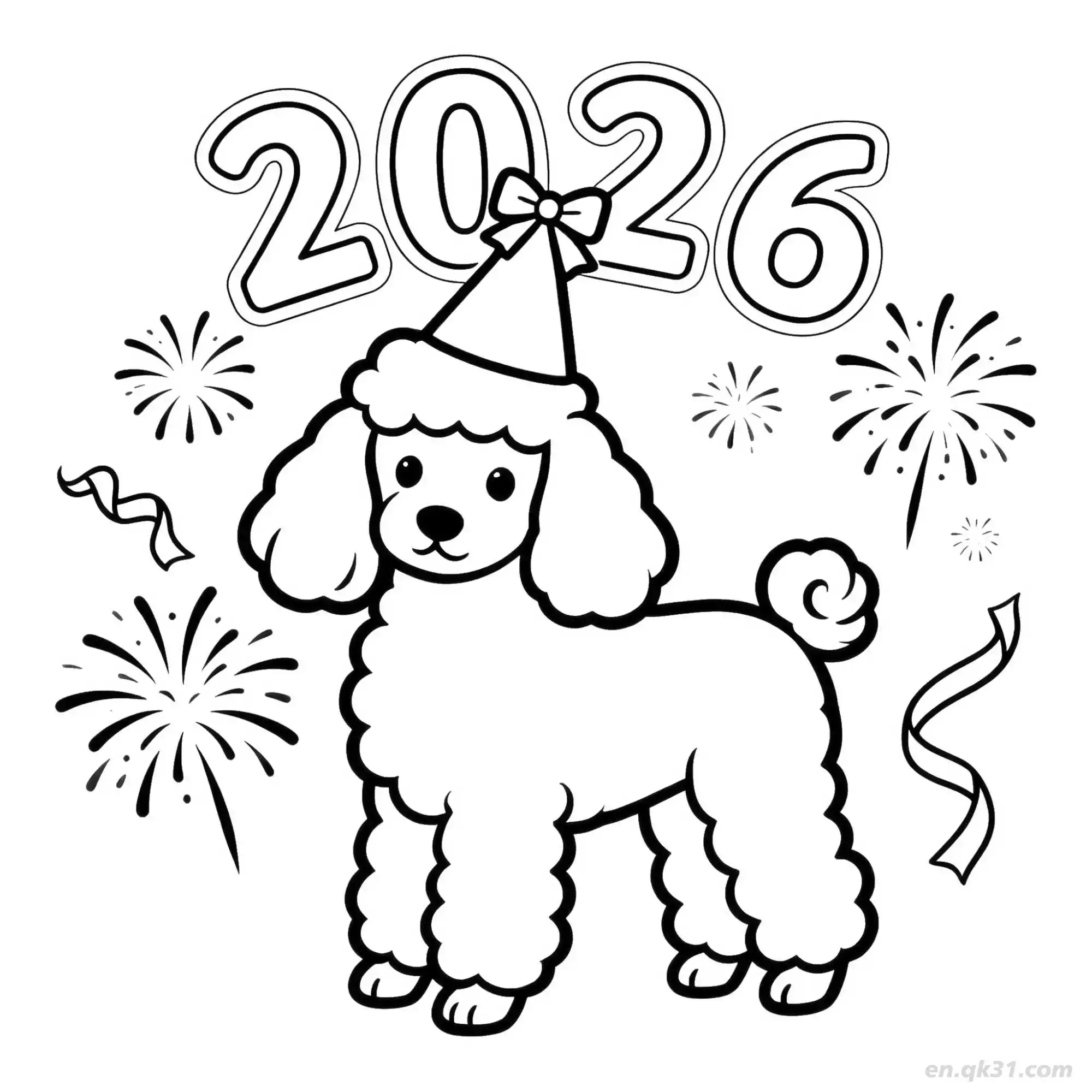 免费 2026新年快乐狗 5简笔画 素描 涂鸦 - 免费可打印狗 下载PDF 简笔画涂色页