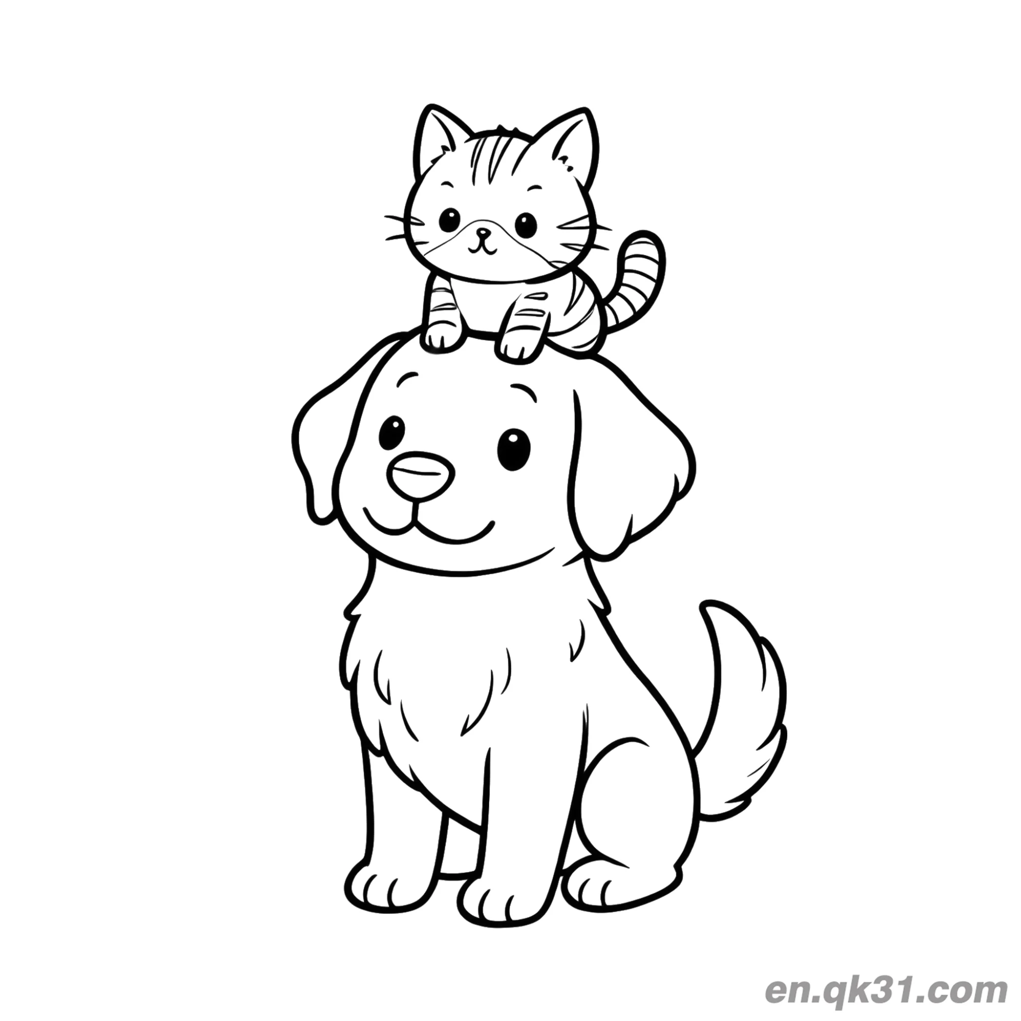 免费 卡通金毛寻回犬头上顶猫可爱风格简笔画涂色页 简笔画涂色页