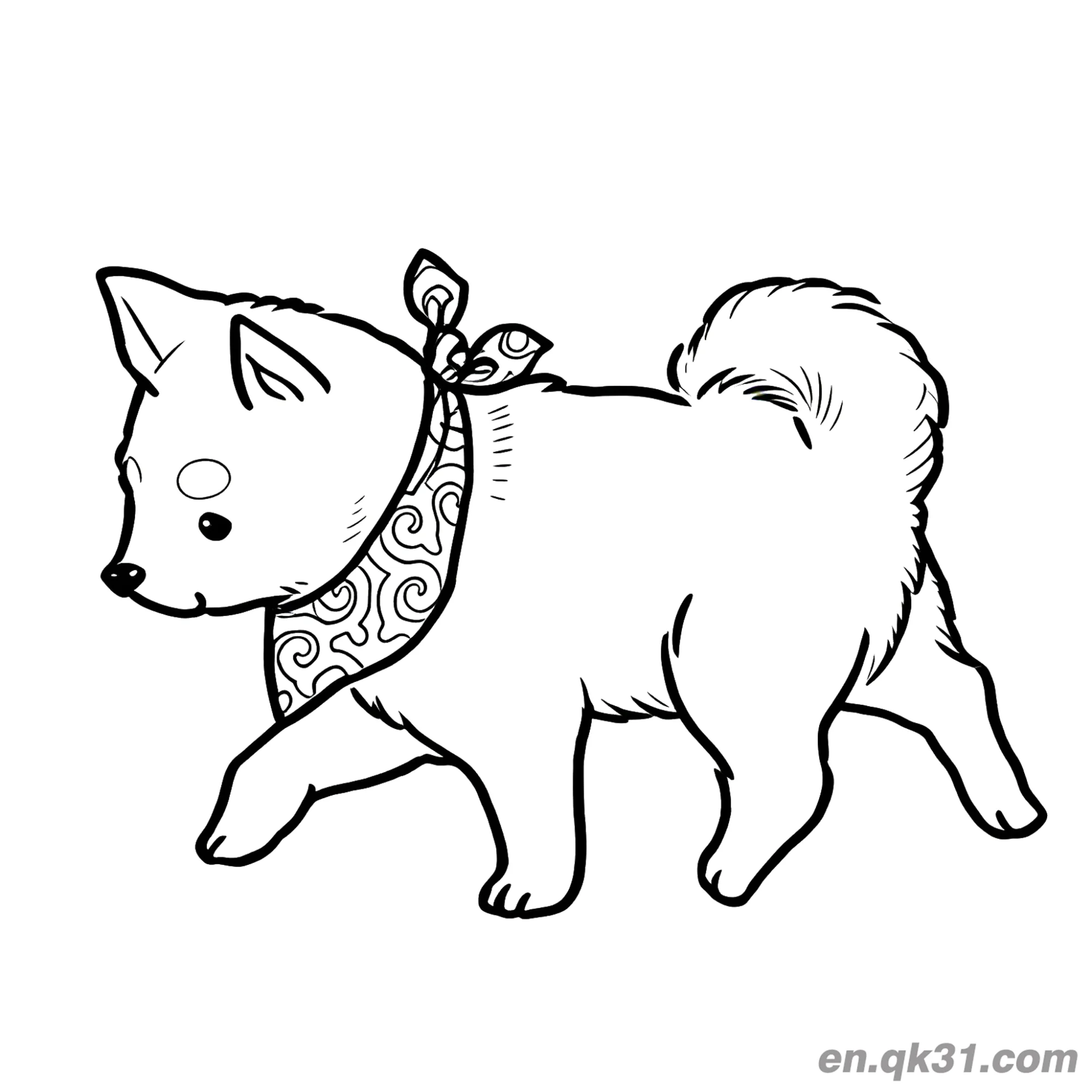 免费 戴图案围巾散步的柴犬时尚简笔画涂色页 简笔画涂色页