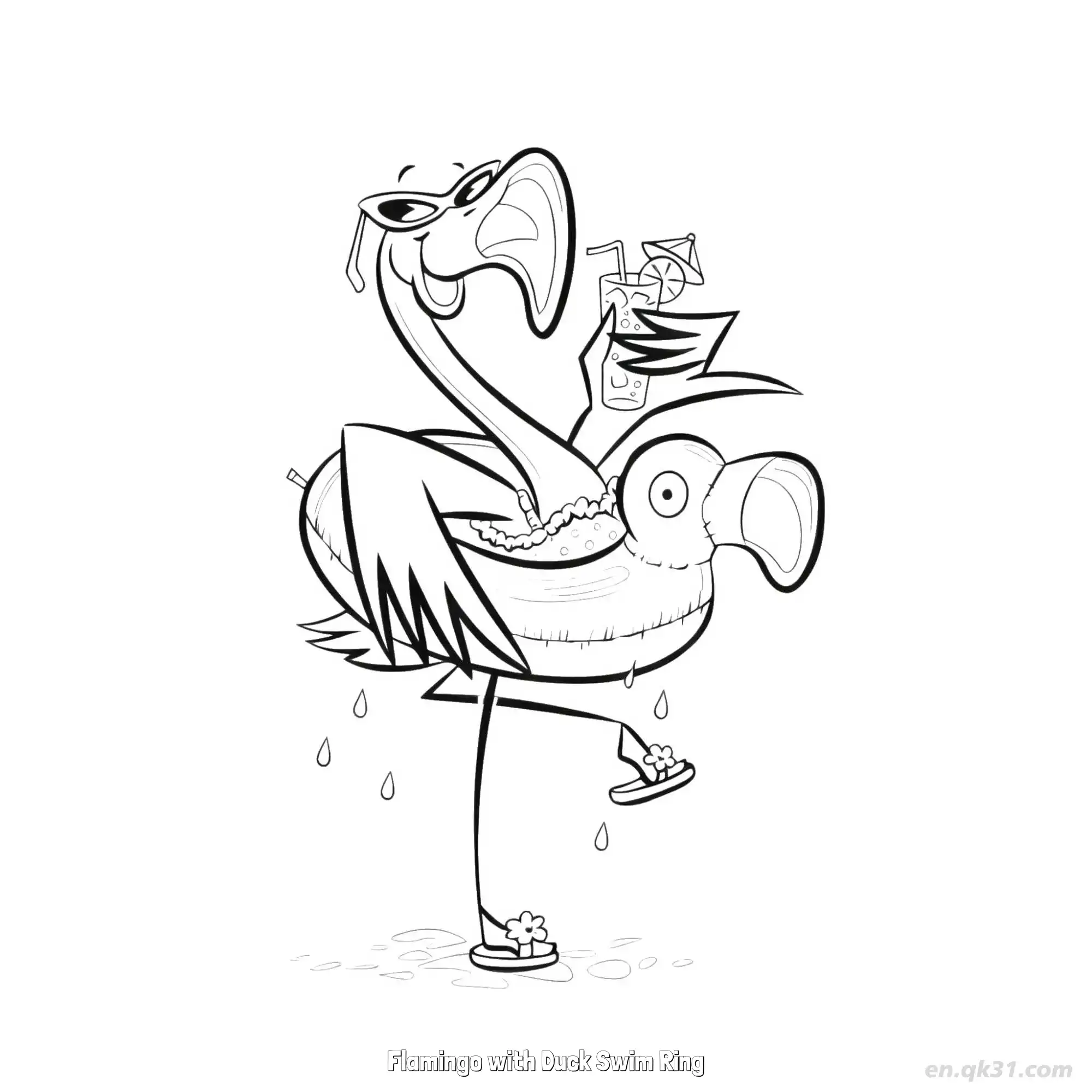 免费 戴鸭子游泳圈的火烈鸟 简笔画 素描 涂鸦 - 免费可打印 火烈鸟简笔画 下载PDF 简笔画涂色页