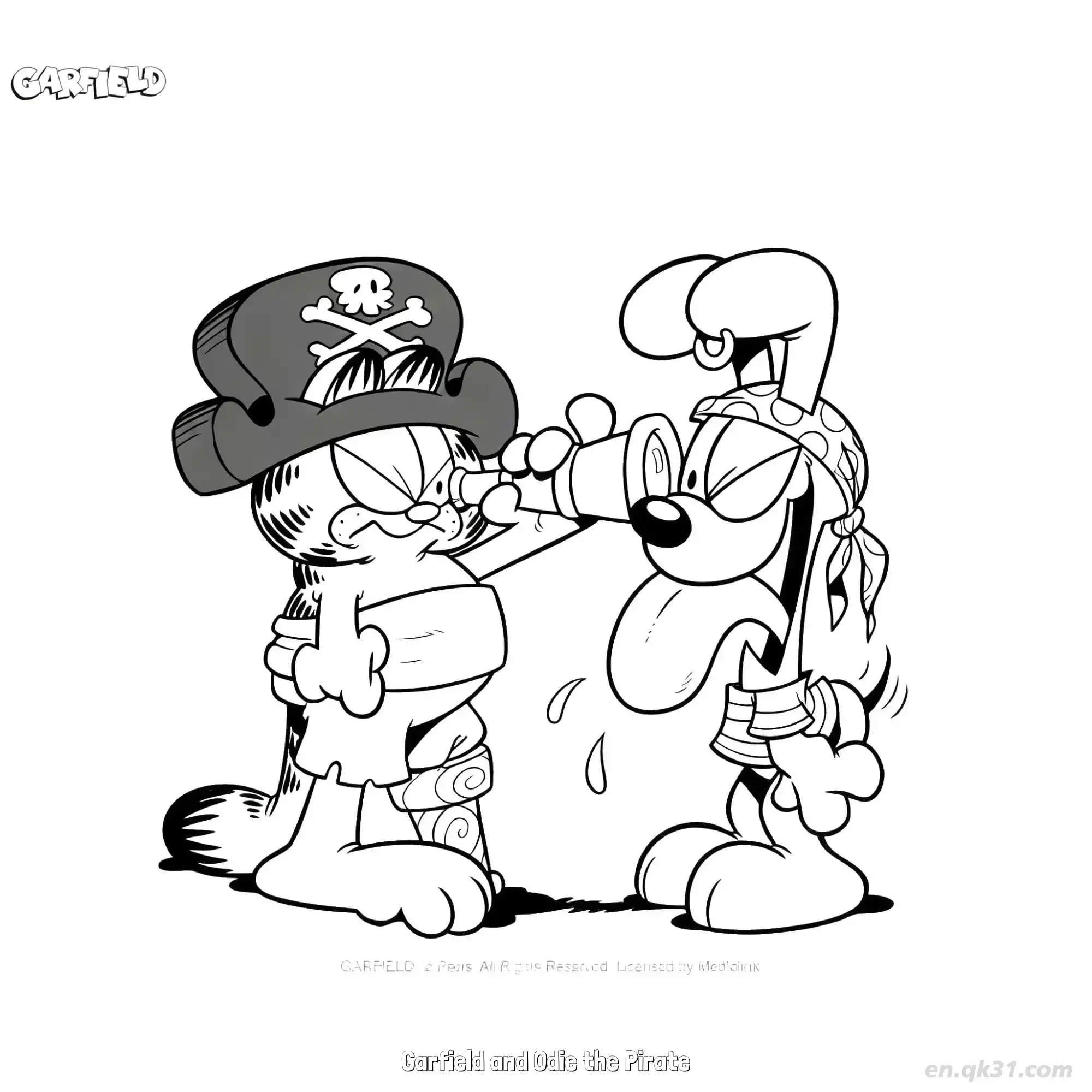 免费 海盗加菲猫和欧迪 简笔画 素描 涂鸦 - 免费可打印加菲猫 下载PDF 简笔画涂色页