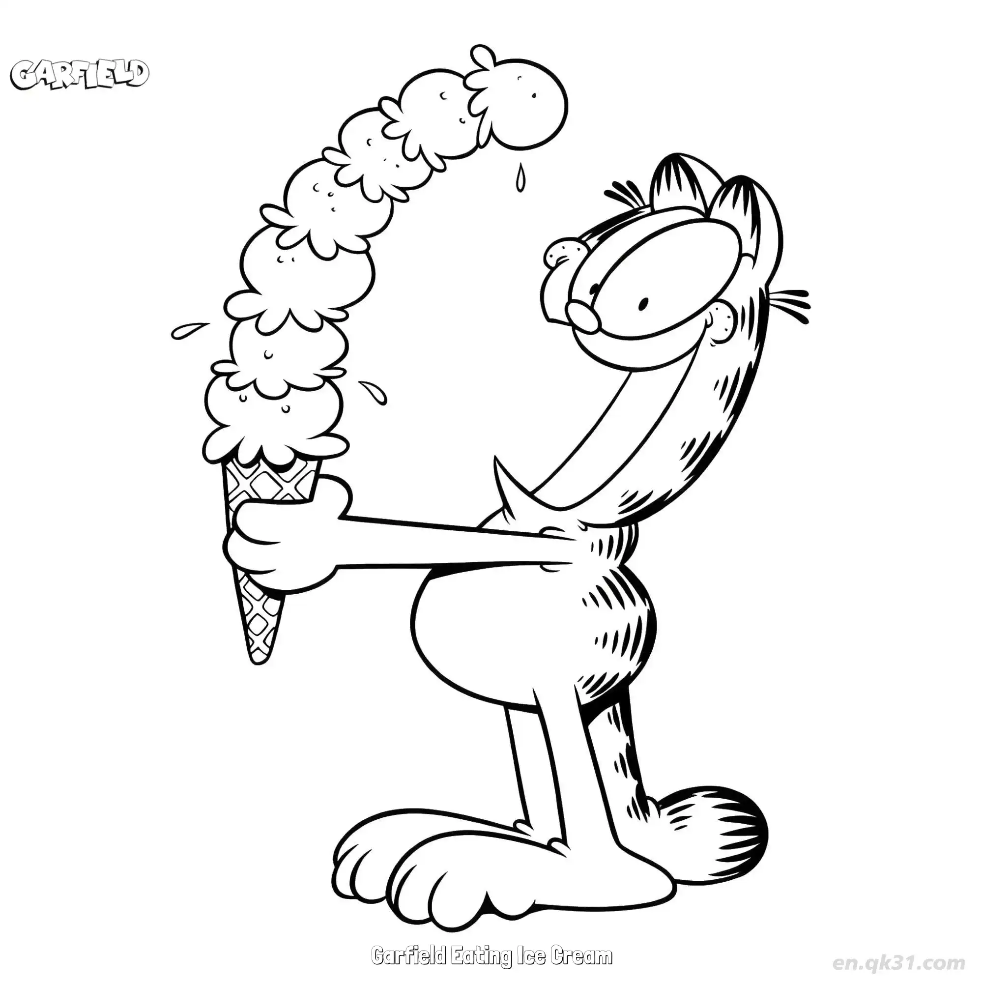 免费 吃冰淇淋的加菲猫 简笔画 素描 涂鸦 - 免费可打印加菲猫 下载PDF 简笔画涂色页