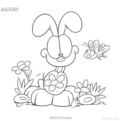 花丛中的欧迪 简笔画 素描 涂鸦 - 免费可打印加菲猫 下载PDF – 免费可打印简笔画涂色画