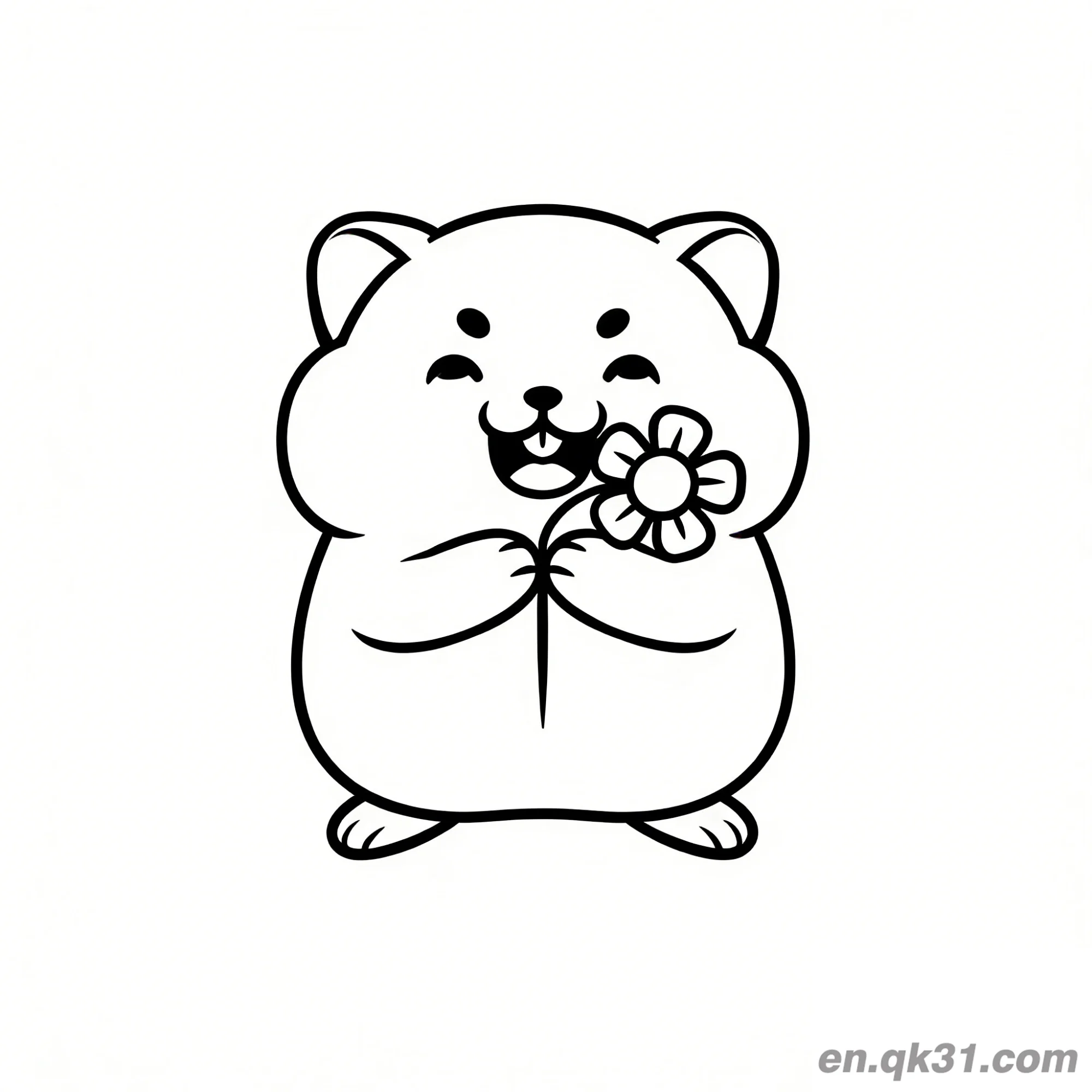 免费 胖仓鼠拿花微笑简笔画涂色页 简笔画涂色页