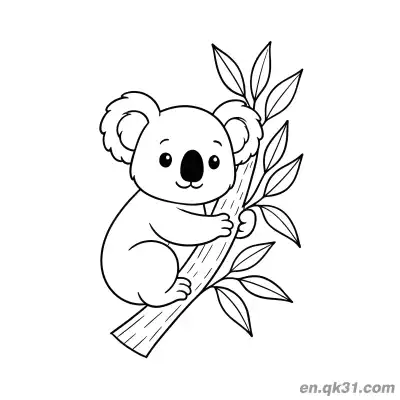 微笑抱绿叶树枝的考拉简笔画涂色页 – 免费可打印简笔画涂色画