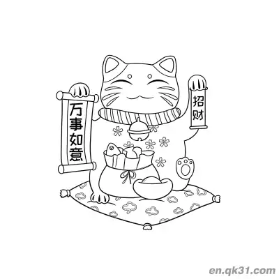 万事如意卷轴福袋招财猫涂色页 – 免费可打印简笔画涂色画