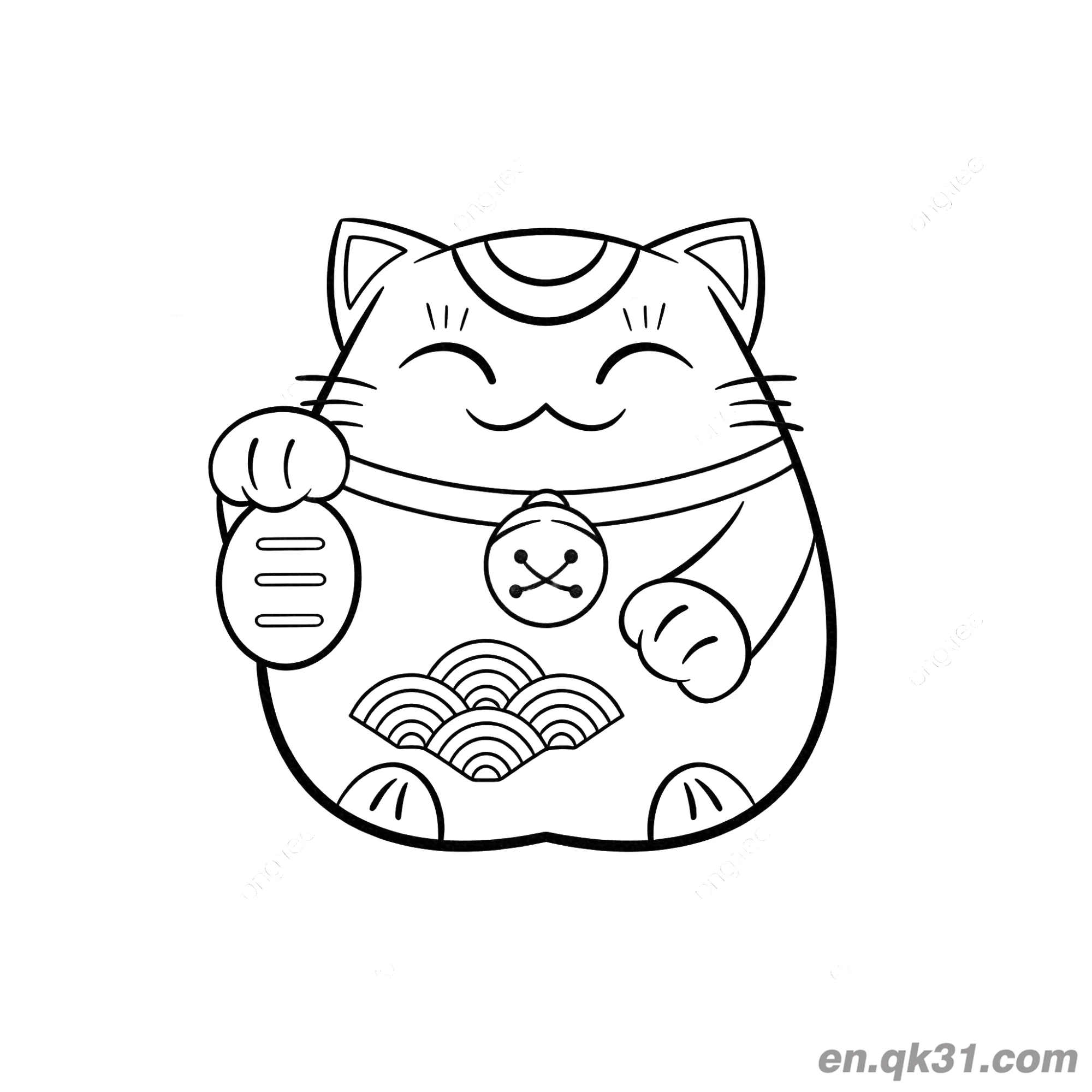 免费 波浪纹硬币胖招财猫涂色页 简笔画涂色页