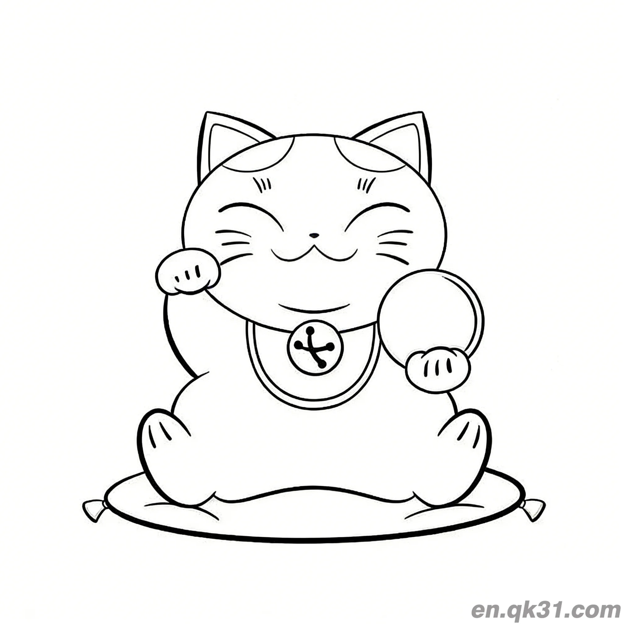免费 经典坐垫双爪招财猫涂色页 简笔画涂色页