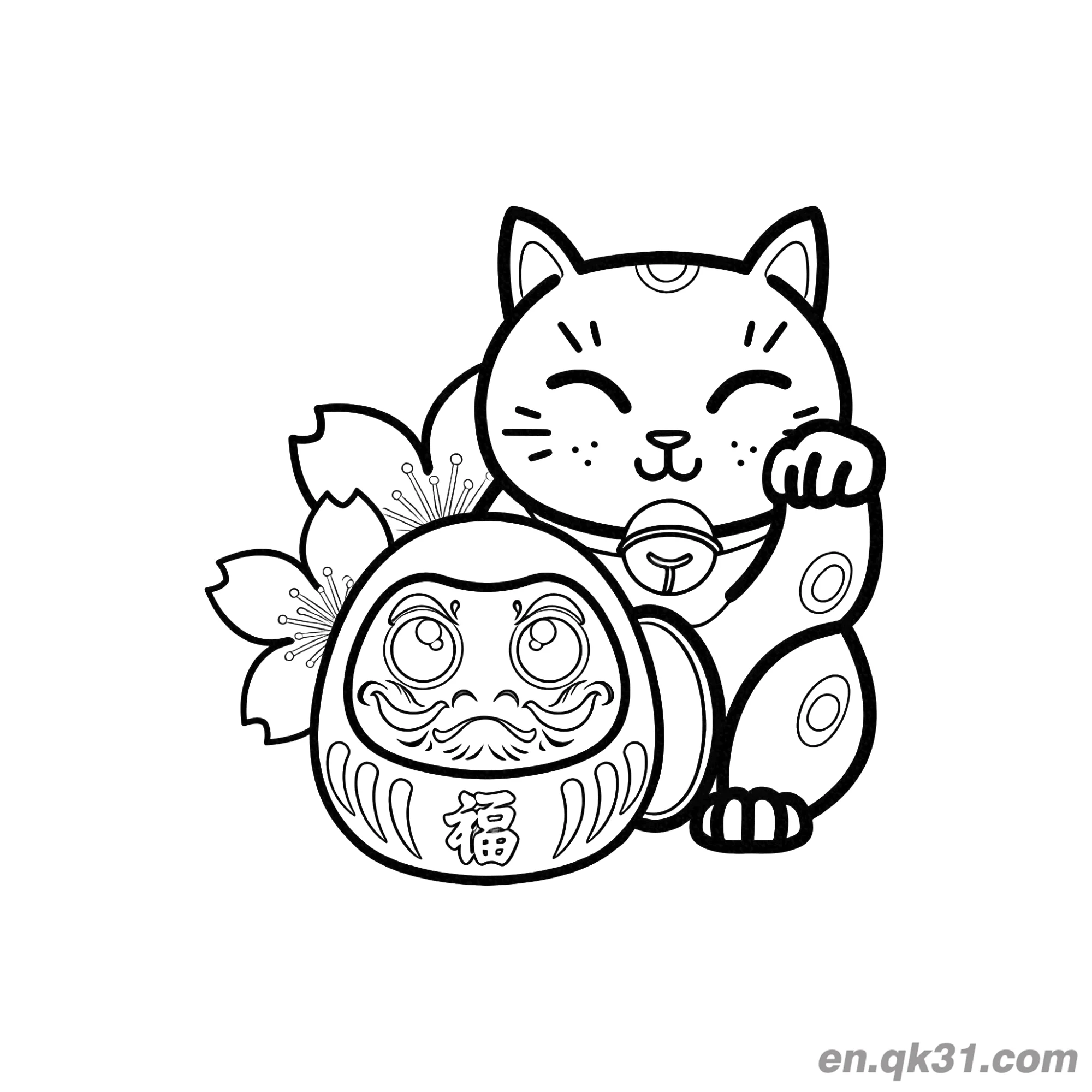 免费 达摩娃娃樱花招财猫涂色页 简笔画涂色页
