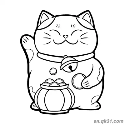 爱心嘴铃铛聚宝盆招财猫涂色页 – 免费可打印简笔画涂色画
