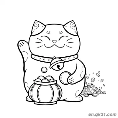 爱心嘴聚宝盆撒金币招财猫涂色页 – 免费可打印简笔画涂色画