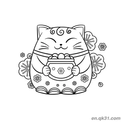 手持云纹梅花聚宝盆招财猫涂色页 – 免费可打印简笔画涂色画