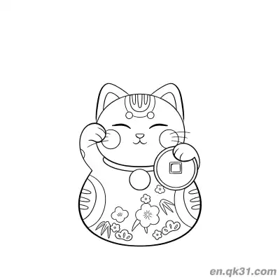 花卉竹子古钱招财猫涂色页 – 免费可打印简笔画涂色画