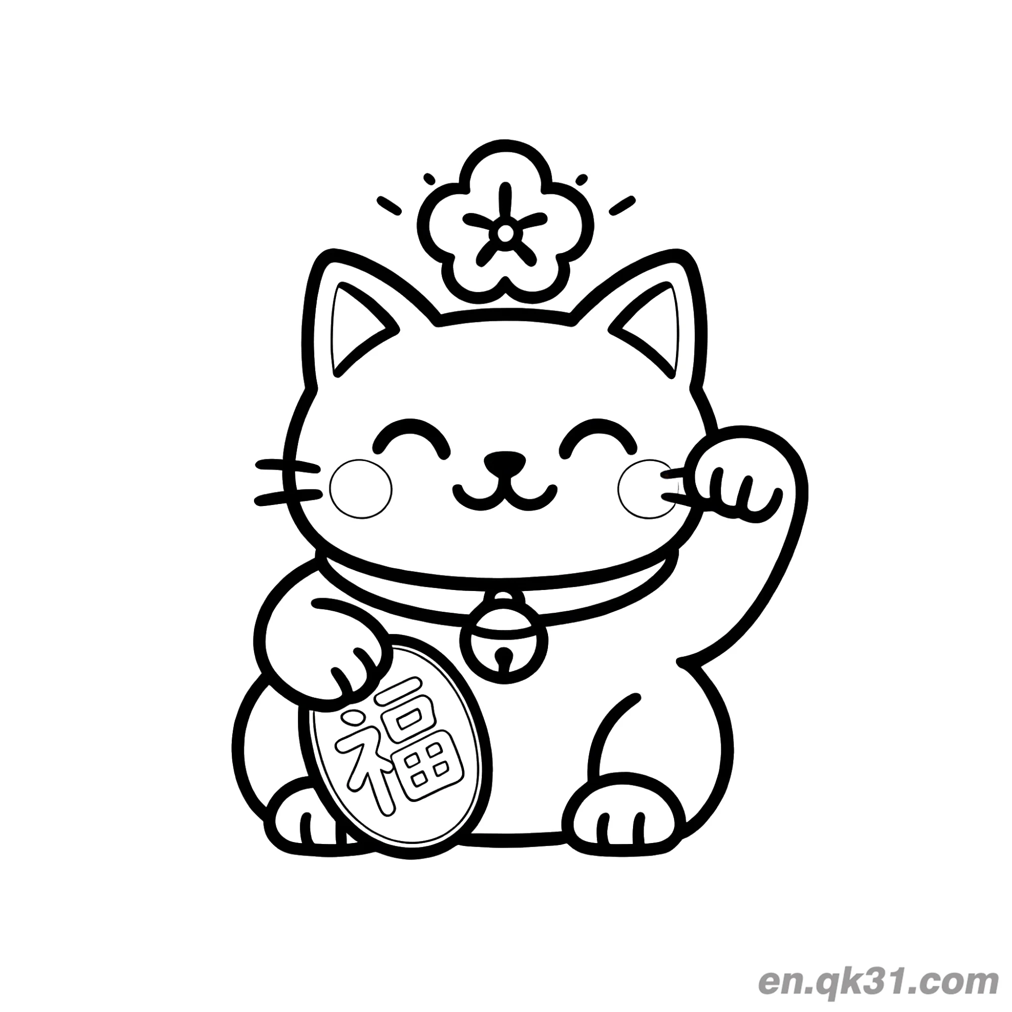免费 梅花顶福字招财猫涂色页 简笔画涂色页
