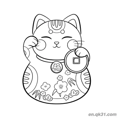 梅竹福字硬币招财猫涂色页 – 免费可打印简笔画涂色画