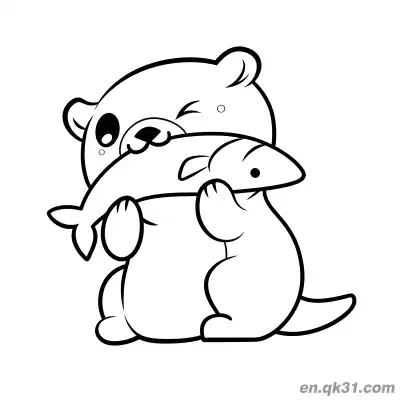 Q版水獭拿鱼眨眼简笔画涂色页 – 免费可打印简笔画涂色画