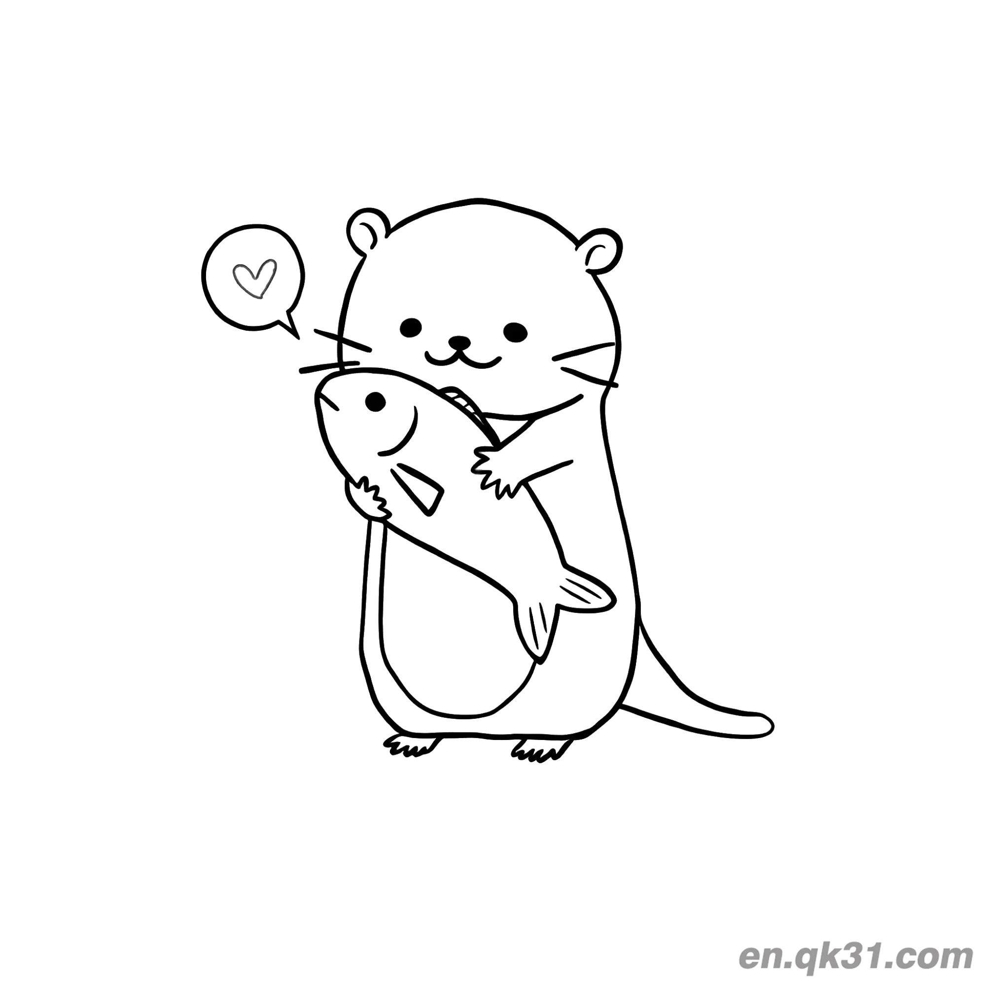 免费 Q版水獭拿鱼带爱心对话泡简笔画涂色页 简笔画涂色页