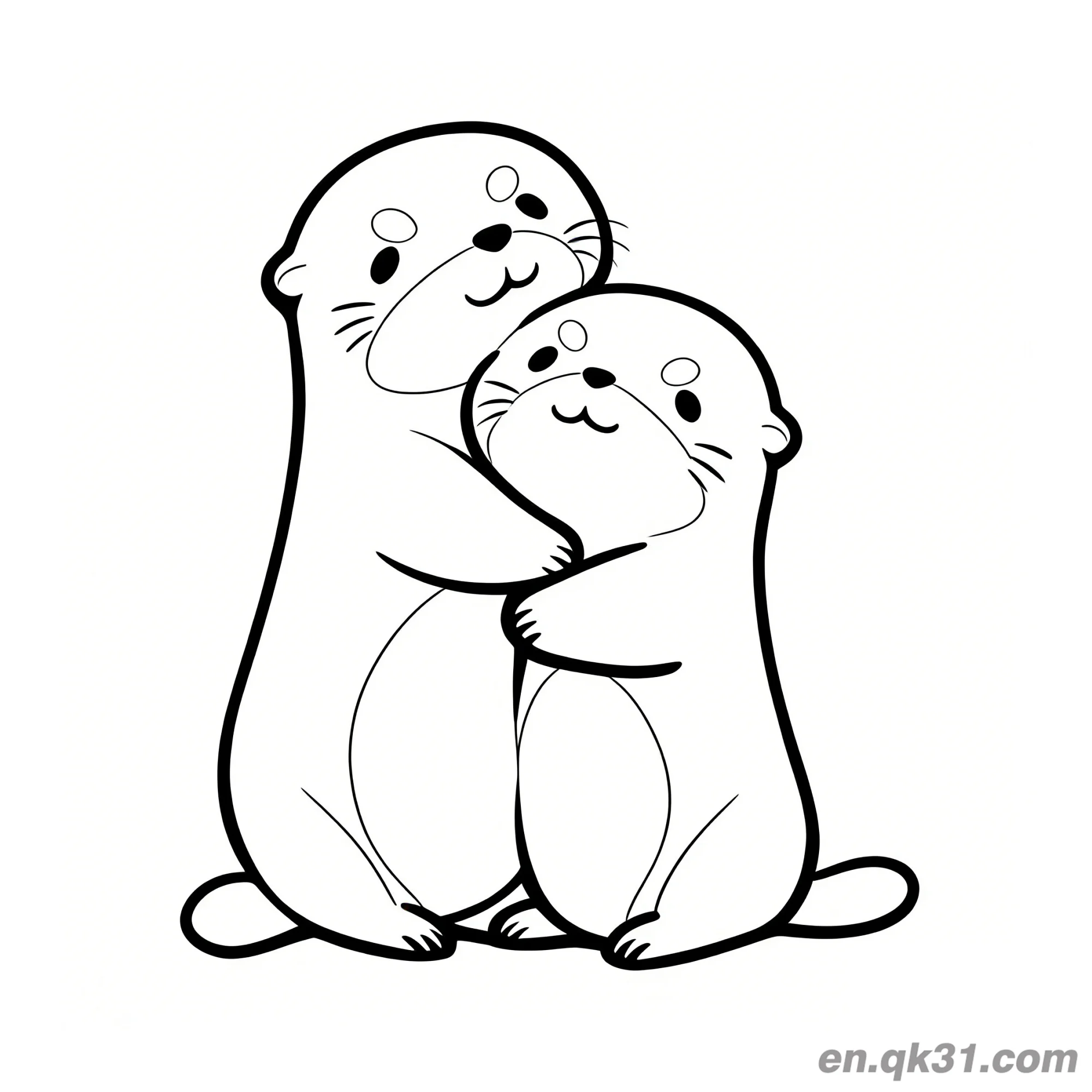 免费 两只Q版水獭拥抱简笔画涂色页 简笔画涂色页