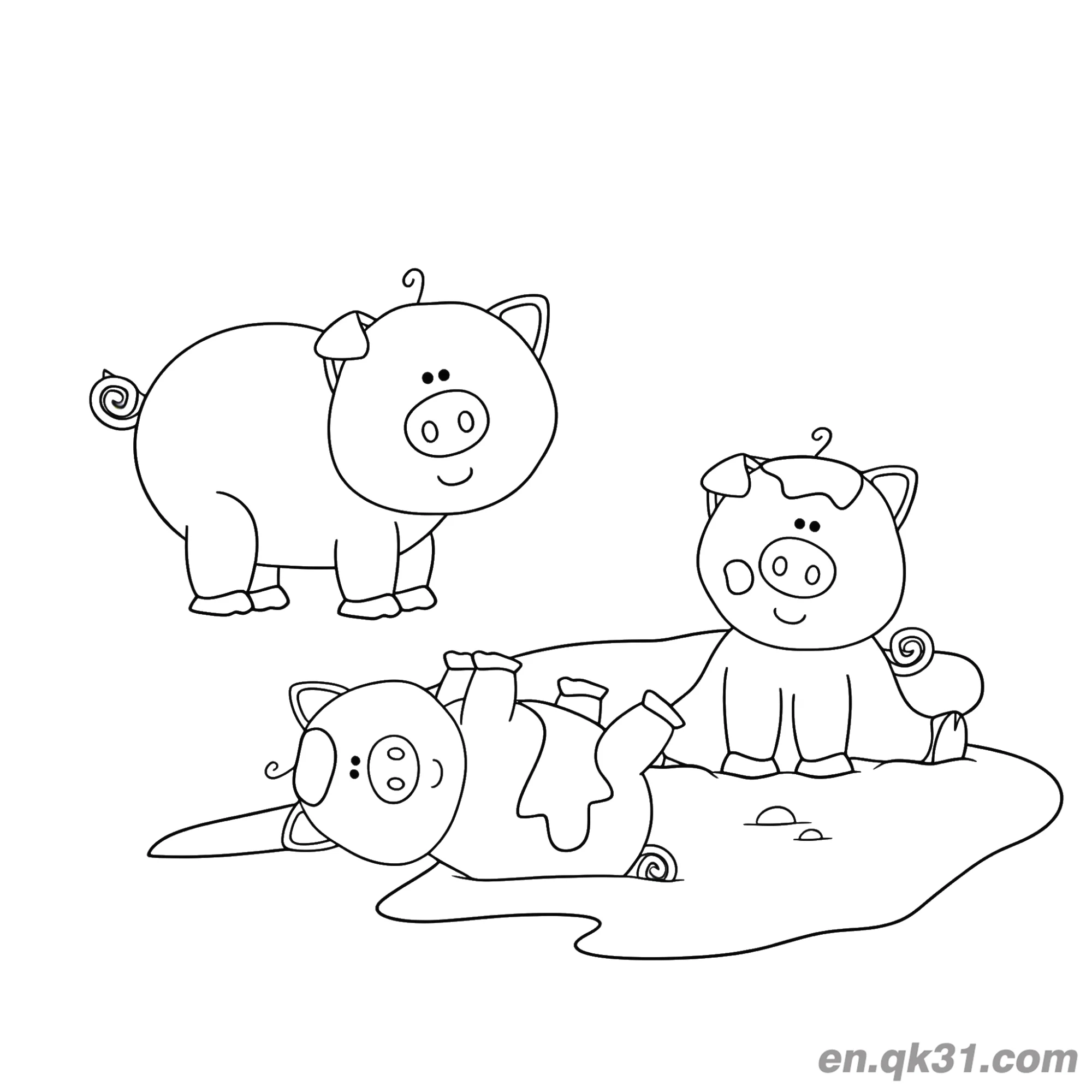 免费 三只小猪在泥浆中玩耍涂色页 简笔画涂色页