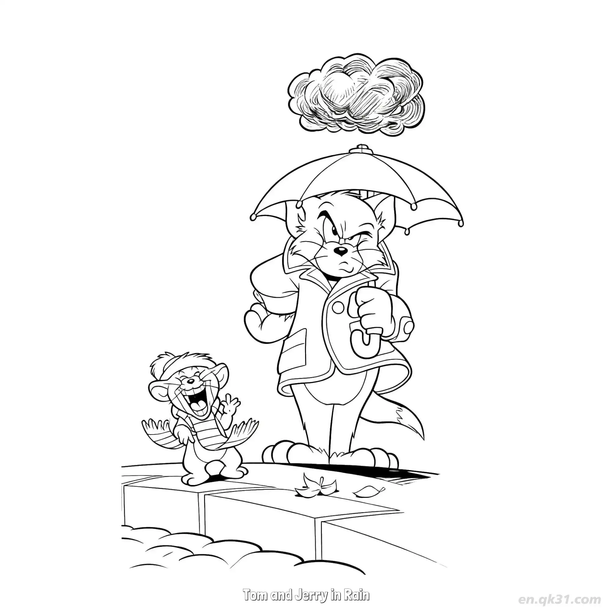 免费 雨中的汤姆和杰瑞 简笔画 素描 涂鸦 - 免费可打印猫和老鼠 下载PDF 简笔画涂色页