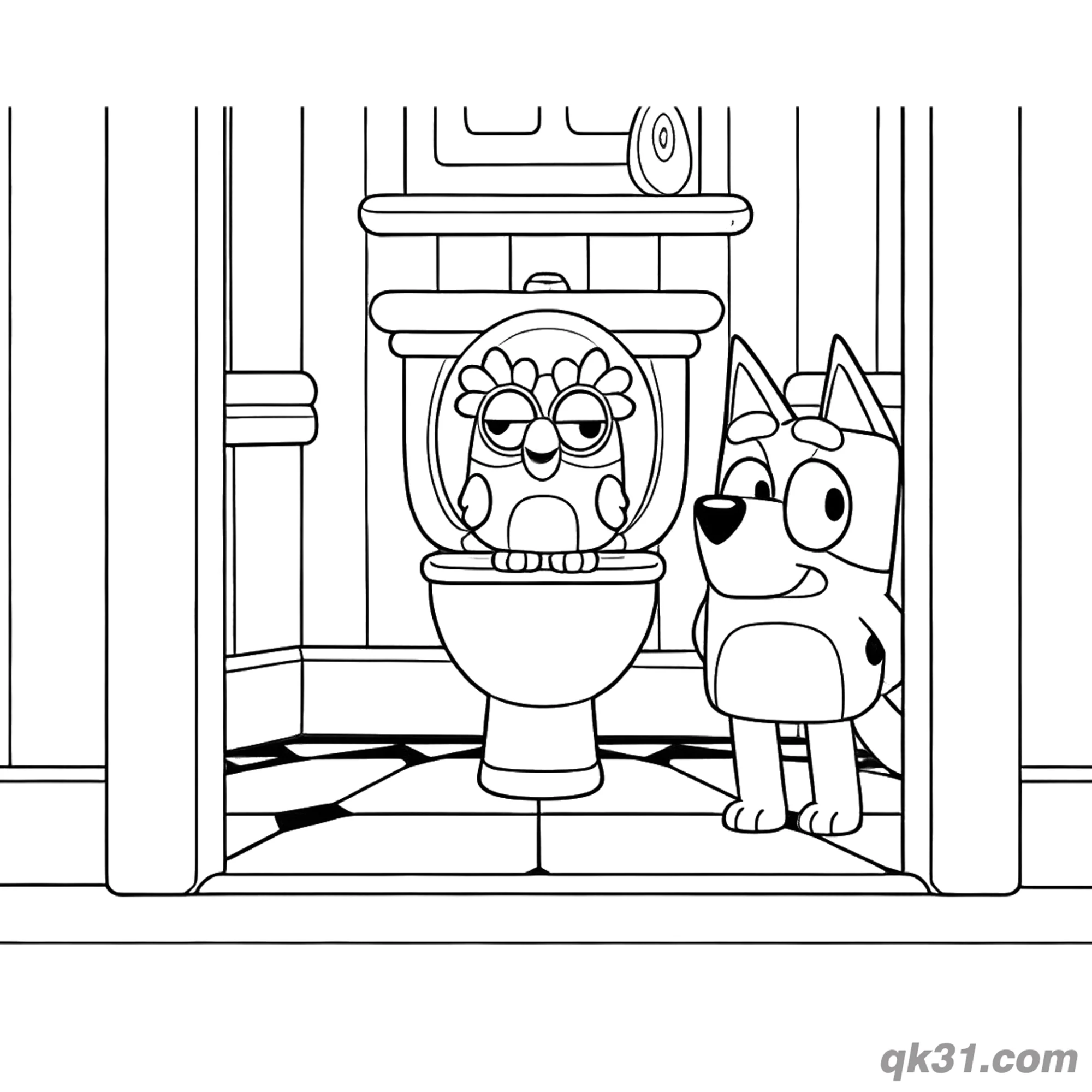 免费 布鲁伊和Chattermax上厕所简笔画涂色页 | 有趣可打印PDF 简笔画涂色页