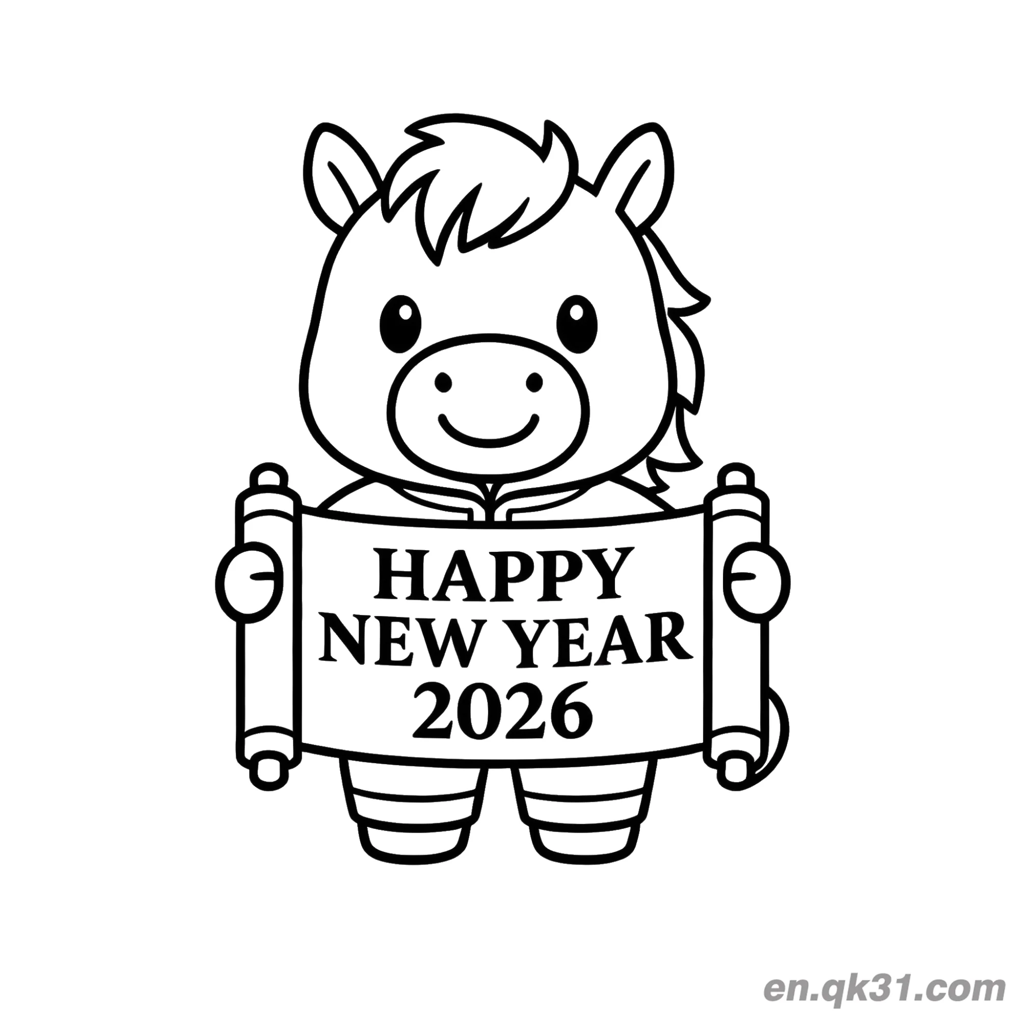 免费 2026年马年涂色页：快乐小马和卷轴 简笔画涂色页