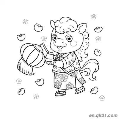 2026年马年涂色页：小马手持灯笼和花瓣 – 免费可打印简笔画涂色画
