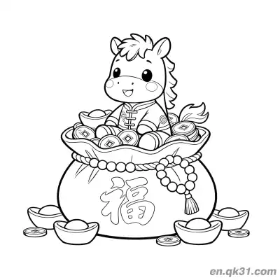 2026年马年涂色页：福袋中的小马 – 免费可打印简笔画涂色画