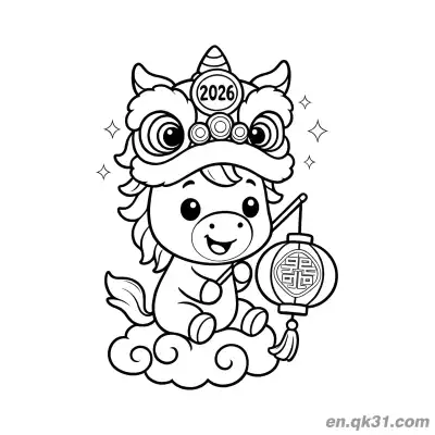 2026年马年涂色页：舞狮头和云上灯笼中的小马 – 免费可打印简笔画涂色画