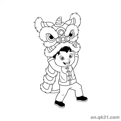 中国新年涂色页：男孩手持舞狮头 – 免费可打印简笔画涂色画